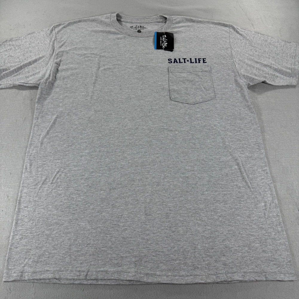 Salt Life Stars & Stripers Pocket T-Shirt L NWT Gray Fishing Beach Graphic Tee